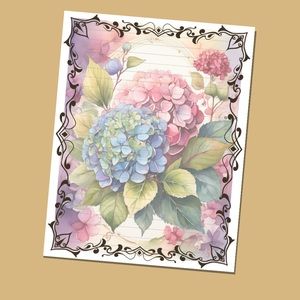Bordered Hydrangea - Lined Stationery Paper (25 Sheets) 8.5 x 11 Premi…
